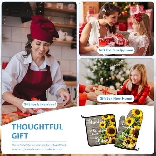 Sunflower Wood Grain Oven Mitts and Pot Holders Sets Heat Resistant 4Pcs Potholders Oven Gloves Hot Pads for Kitchen Baking Cooking Grilling BBQ (Thankful Grateful Blessed)