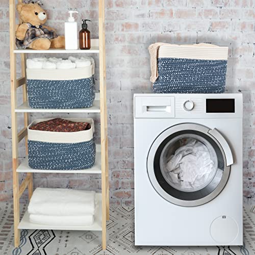 Woven Cotton Rope Storage Baskets 15x10x9.3" 3 Pack White and Blue (blue and white)