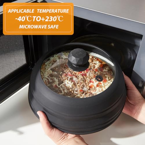 Microwave Splatter Cover Vented Glass Splatter Guard Lid with Collapsible Silicone for Food as Pot Cover Plate 9.8 inch Black (9.8 inch / Black Lid)