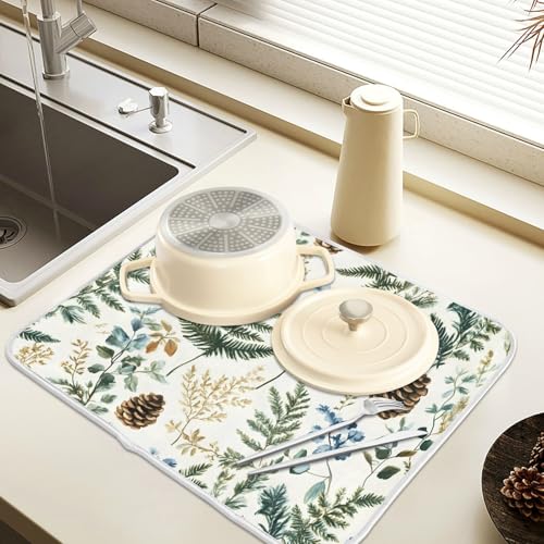 Vintage Herbs Fern Leaves Floral Plant02 Dish Drying Mat for Kitchen Counter Absorbent Microfiber Large Drying Pad Dish Mats for Kitchen Countertops 18 x 24 Inch (24" x 18")