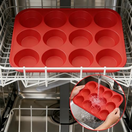 2Pack Silicone Muffin Pans with Metal Reinforced Frame (2Pack Red)