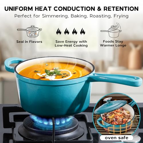 Enameled Cast Iron Sauce Pan (Dark Cyan / 1+2+3 Quarts)