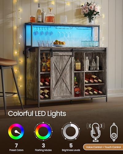 Coffee Bar Buffet Cabinet with LED Light and Power Outlet (With Power Outlet and Light / 14.2"D x 47.2"W x 44.9"H / Maple Gray)