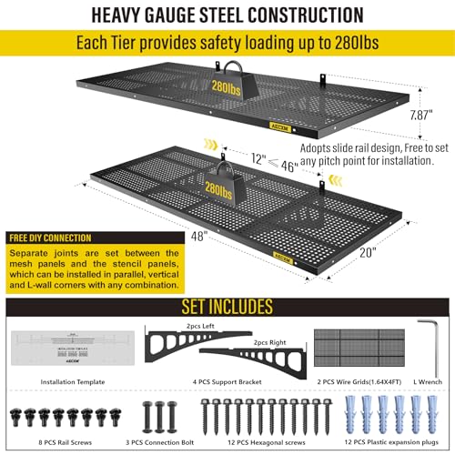 2 Pack 1.64x4ft Adjustable Garage Wall Shelving 560lbs Load Capacity Heavy Duty Wall Mounted Storage Shelf Metal Floating Shelves for Garage (2pack-1.64x4ft / Black)