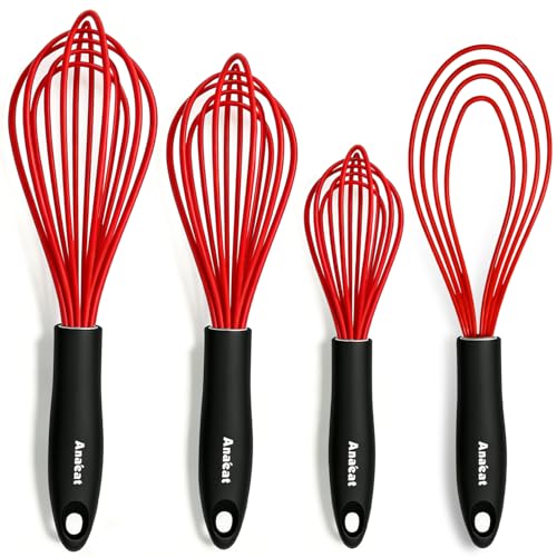 Silicone Kitchen Whisk Set of 4 (9+11+12 &11 inch / 4 Pcs Red)