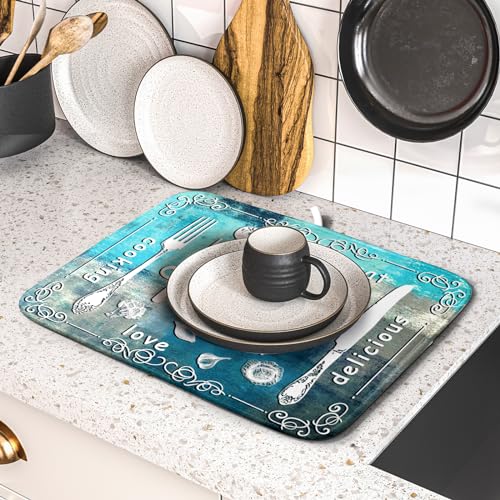 Blue Grey Dish Drying Mat 16x18 Inch Cooking Delicious Absorbent Drying Pad Heat Resistant Dish Drainer Mats for Kitchen Countertop (Blue Kitchen Cooking / 16" x 18")
