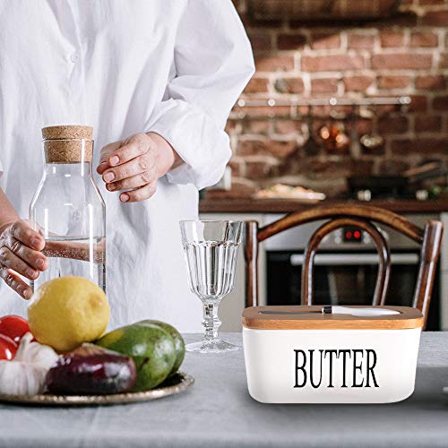 Ceramic Butter Dish with Bamboo Lid and Stainless Steel Knife Spreader (White)