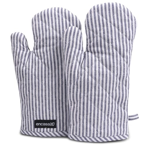 Oven Mitts Heat Resistant Kitchen Gloves (Oven Gloves / Ticking Navy Blue)