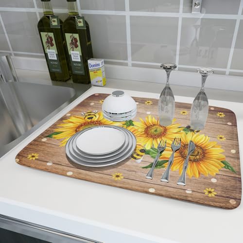 Sunflower Bee Dish Drying Mat for Kitchen Counter Home 18x24 Inch Wood Barn Microfiber Drainer Rack Mats Washable Absorbent Dish Dry Pad (Sunflower Bee Wood / 24" x 18")