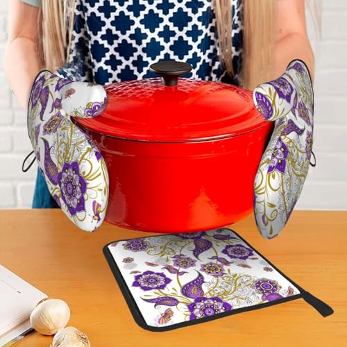 Purple Flower Oven Mitts and Pot Holders Sets of 3 Kitchen Decor (3 Count)