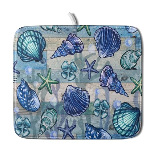Starfish Seashell Dish Drying Mat 16x18 inch Coastal Beach Dish Drainer Rack Pad Absorbent Microfiber Fast Dry Kitchen Counter Accessories (Starfish Seashell / 16" x 18")