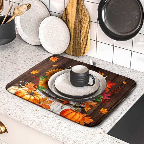Fall Pumpkin Dish Drying Mat for Kitchen Counter Decor 16x18 Inch Halloween Thanksgiving Dish Drainer Mats Absorbent Reversible Dishes Pad (Pumpkin Bucket / 16" x 18")