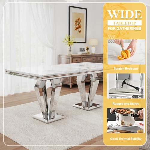 7 Piece Luxury Dining Room Set (Silver White + Black / Dining Table + 6 Velvet Chair)