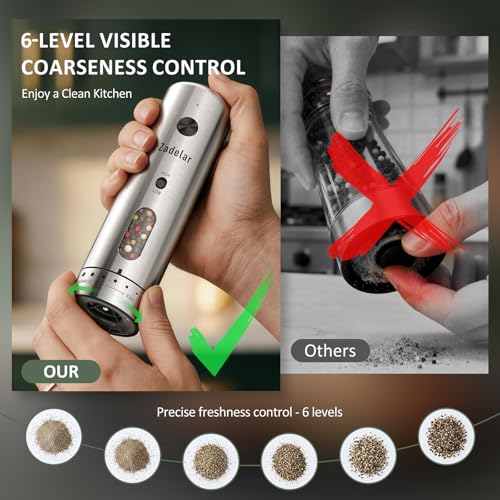 Electric Salt and Pepper Grinder Set with Charging Base (Variable Speed Silver)