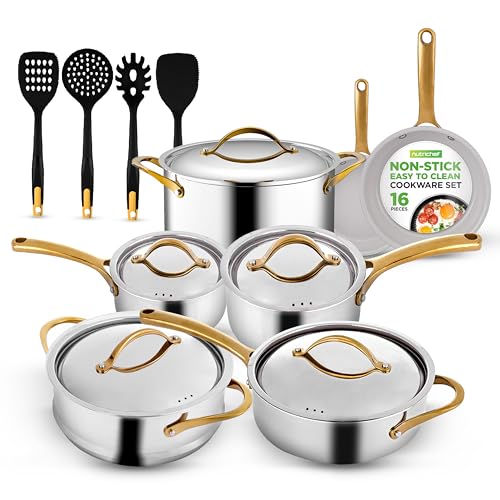 16 Piece Stainless Steel Cookware Set (Stainless Steel / Gold)