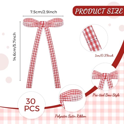 30 Pack Gingham Ribbon Bows for Cake Red Gingham Bow Cake Toppers (Red Gingham)