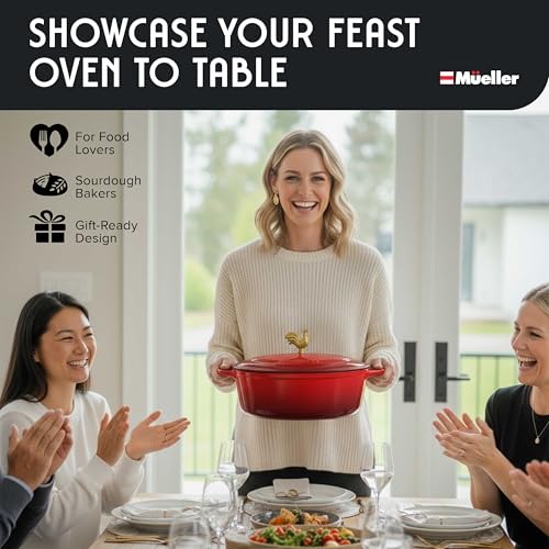 MUELLER HOME 5.5 Quart Enameled Cast Iron Oval Dutch Oven w Rooster Knob & Cotton Potholders (5.5 Quart -Oval / Red)