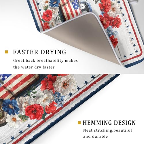 Patriotic Truck Dish Drying Pad 4th of July Drying Mat for Kitchen Counter Coffee Bar Sinks 18 X 24 Inch (Patriotic Truck Blue / 24" x 18")