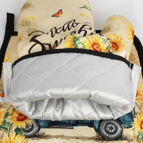 Sunflower Oven Mitts and Pot Holders Sets Vintage Floral Oven Gloves Heat Resistant 4 Pcs Farmhouse Decorative Kitchen Hot Pads and Mitts for Baking Cooking Grilling (Yellow Blue)