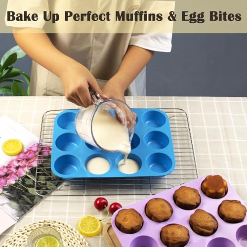 12 Cups Silicone Mini Muffin Pan Set (Set of 2--12 Cups (Blue+Purple))