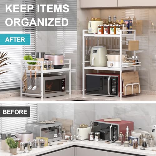 Expandable Microwave Stand Kitchen Countertop Organizer With Storage (White / 3 Tier (With Spice Rack))