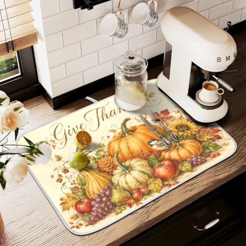 Thanksgiving Dish Drying Mat for Kitchen Counter Absorbent Microfiber Small Drying Pad Fall Autumn Harvest Pumpkin Dish Mats for Kitchen Countertops 16 x 18 Inch (Thanksgiving Harvest / 18" x 16")