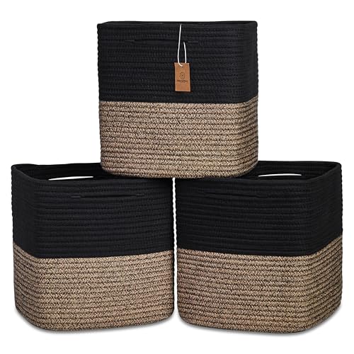 13 Inch Cube Storage Bins Cotton Rope Woven Baskets for Organizing 3 (Black & Mixed Black / 13 x 13 x 13 (Standard))