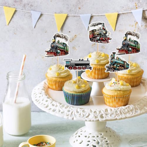 24Pcs Train Transportation Cupcake Toppers Vintage Locomotiv Cupcake Picks for Retro Train Boys Girls Birthday Party Baby Shower Cupcake Decorations Train Transportation Party Decors (Brown)