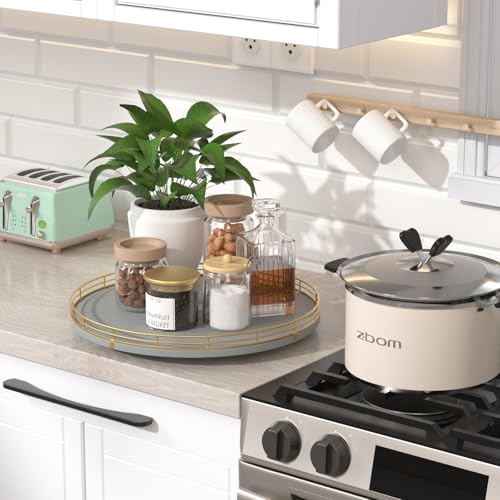 13 Inch Gray Wooden Lazy Susan Spice Organizer with Gold Rail (Gray & Gold / 13)