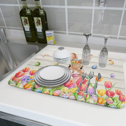Easter Bunny Dish Drying Mat 18x24 inch Eggs Floral Fast Drying Pad Washable Reversible Microfiber Dish Drainer Mats for Kitchen Counter (Bunny Wood / 18" x 24")