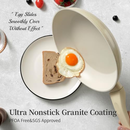 Nonstick Ceramic Frying Pans Skillets Set with Lid 8"+9.5"+11" (Beige)