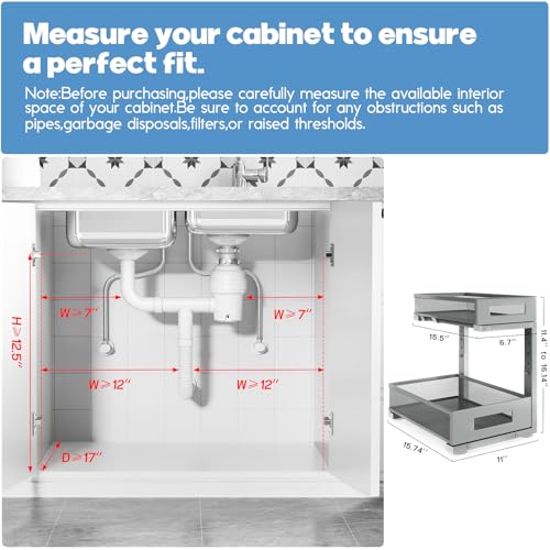 1 Pack-11.4"-16.14" H Under Sink Storage Organizer, Large 2-Tier Elegant Mesh Pull Out Shelf for Kitchen & Bathroom Cabinet Organization, L-Shaped, Adjustable Height-Gun Gray (Gun Gray / 1 Pack-15.74"Dx11.4"-16.14"H)