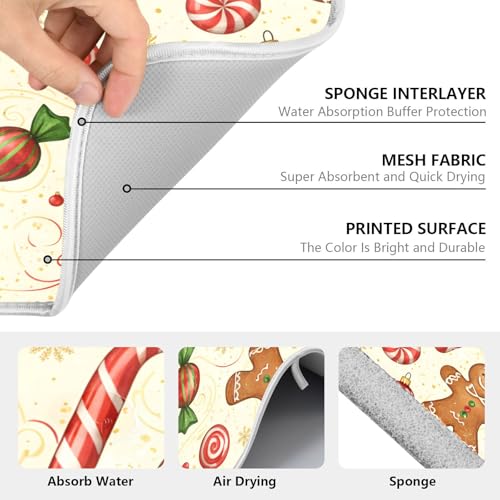 Christmas Gingerbread Cookie Man Sugar Dish Drying Mat for Kitchen Counter Absorbent Microfiber Small Drying Pad Dish Mats for Kitchen Countertops 16 x 18 Inch (18" x 16")