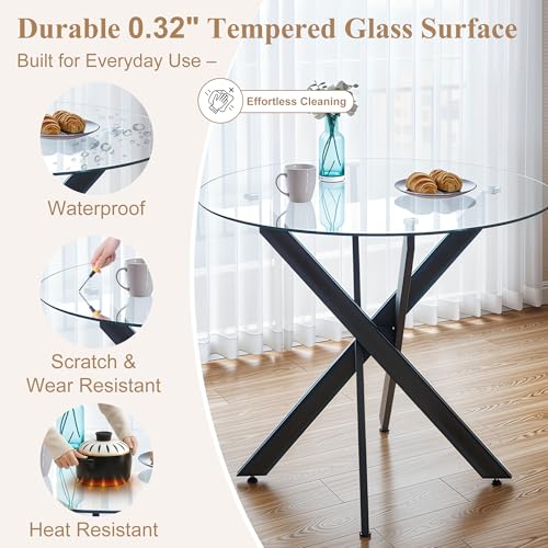 36” Round Glass Dining Table Set for 4 (Black Round Table/Blue Velvet Chairs / 5 Pieces)