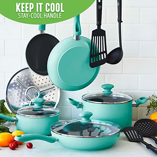 Soft Grip Diamond Healthy Ceramic Nonstick 13 Piece Cookware Pots and Pans Set (13 Piece Cookware Set / Turquoise)