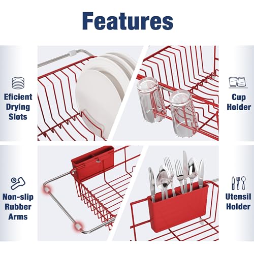 Red Dish Drying Rack in Sink with Drainboard and Utensil Holder (Red / For 12"-30"w Sink, with Drainboard)