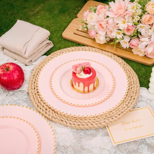 100pcs Pink Plastic Plates with Gold Beads Plastic Wedding Plates (100 Count)