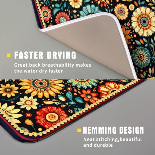 Bohemian Style Flowers Drying Pad Boho Floral Dish Drying Mat for Kitchen Counter Absorbent Microfiber Drainer Rack Mat (Boho Floral Black / 18" x 16")