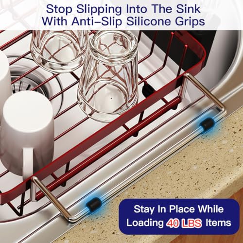 Red Expandable Dish Drying Rack Over Sink with Extra Drying Mat (Red / For 13"-30" W Sink with Mat)