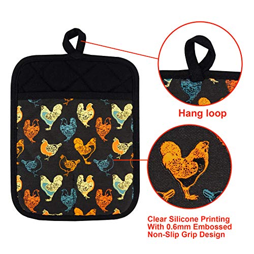 Pot Holders Set of 2 (Rooster, Black Potholders)