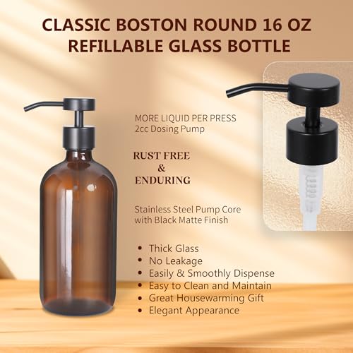Set of 5 Kitchen Soap Dispenser Set 16 Oz Glass Hand Dish Soap Dispenser with Stainless Steel Pump (Brown)