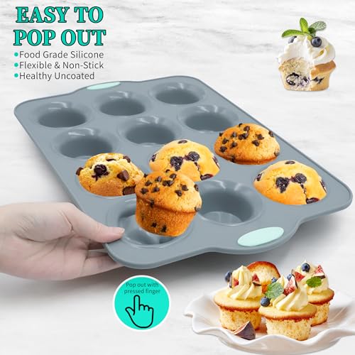 2Pack Silicone Muffin Pan with Metal Frame (2-Pack 12-Cup 3.14-Inch Muffin Pan / Light Grey)