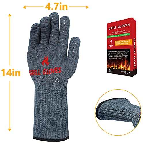 BBQ Gloves Oven Gloves 1472℉ Extreme Heat Resistant (Gray / One Size Fits Most(Long Cuff))