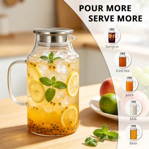 Short 67.6 oz Glass Pitcher with Lid and Handle (Clear / 67.6 Ounces)