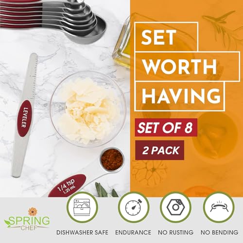Stainless Steel 8 Magnetic Measuring Spoons Set (Red / 2-Pack)