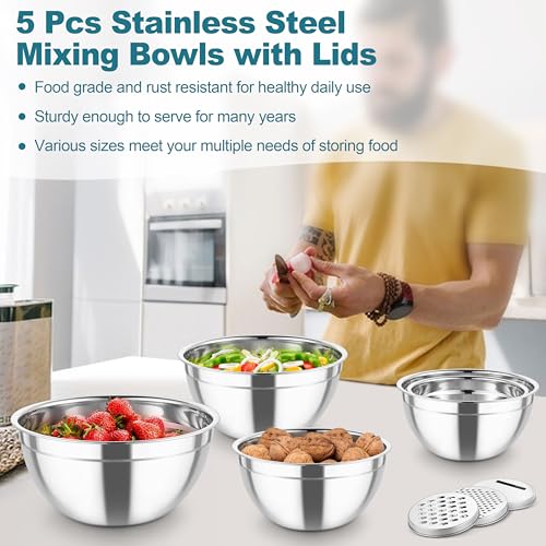 Mixing Bowls Stainless Steel Salad Serving Bowl with Clear Lids (5 Count)