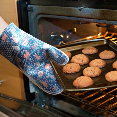 Oven Mitts with Transparent Clear Silicone Shell and Nice Cat Printing (Oven mitts / Navy, Cat)