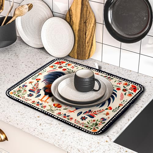 Roosters Chicken Dish Drying Mat for Kitchen Counter Absorbent Microfiber Drying Pad 16 x18 In (Chicken Art White / 18" x 16")