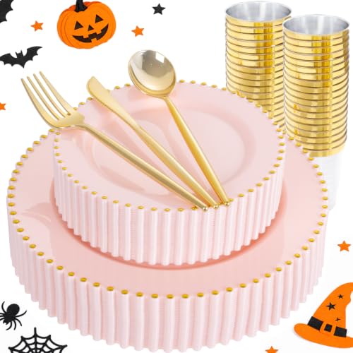 180Pcs Elegant Pink Gold Dinnerware Set for Party Wedding (Pink and Gold Plastic Dinnerware Set / 180PCS)