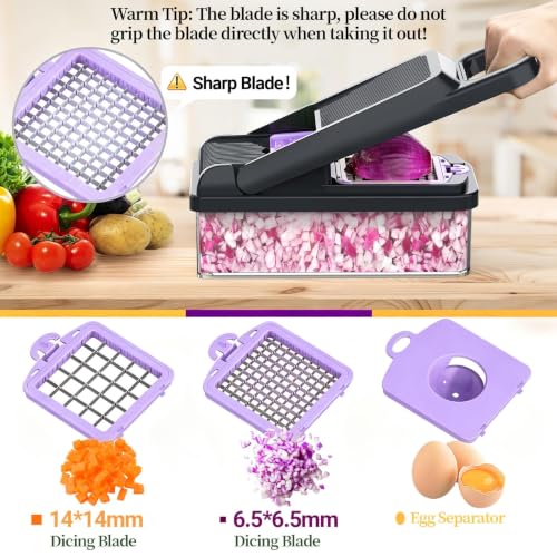 12-in-1 Vegetable Chopper 7 Blades, Veggie Cutter with Handle, Black/Purple (Purple / 7 blades)